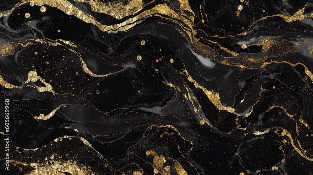 Fototapeta premium Black marble background with gold liquid pattern. Seamless marble or granite wall with golden wave splash. Gorgeous generative ai
