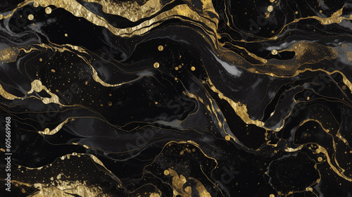 Black marble background with gold liquid pattern. Seamless marble or granite wall with golden wave splash. Gorgeous generative ai