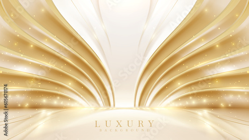Cream stage backdrop with golden curves and glittering light effects and bokeh decoration. Abstract luxury background style. Vector illustration.