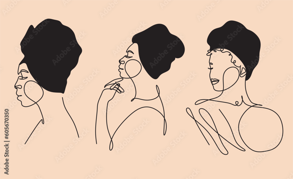 Minimalistic drawing of beautiful black women, afro american women, celebrating black history month, vector, outline
