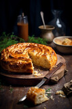 Banitsa, a traditional Bulgarian pastry, presented on a rustic wooden board. This mouthwatering pie is ready to be enjoyed with its golden crust and delicious filling. Generative AI.