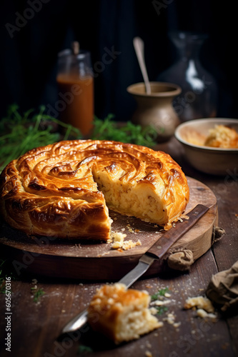 Banitsa, a traditional Bulgarian pastry, presented on a rustic wooden board. This mouthwatering pie is ready to be enjoyed with its golden crust and delicious filling. Generative AI. photo