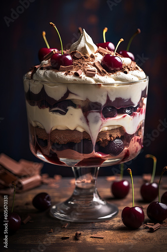 Black Forest Trifle, a decadent dessert layered with rich chocolate cake, luscious cherry compote, and fluffy whipped cream. Indulge in the heavenly combination of flavors. Generative AI.