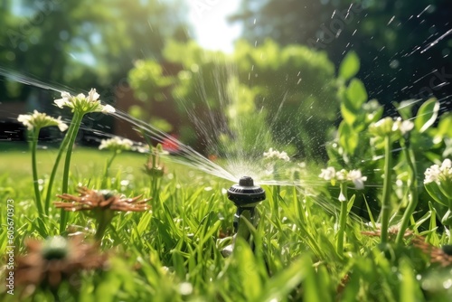 garden sprinkler watering the lawn with plants in the background in the garden. Generative AI photo