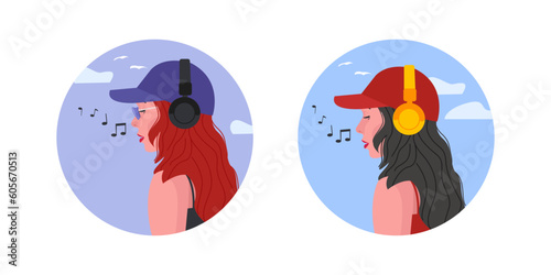 Young girl listens to music in headphones and sings. Flat illustration for concepts of music  recreation  enjoyment of listening to modern favorite tracks.