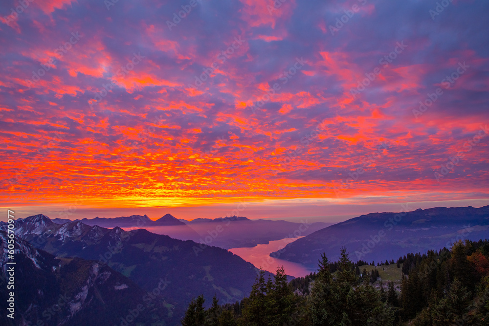 Beautiful Lake Thun view from Schynige Platte trail in Bernese Oberland, Canton of Bern, Switzerland. Popular mountain in the Swiss Alps called Schynige Platte in Switzerland, aerial view.