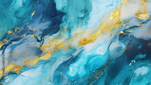 Colorful marble AI generative background with liquid abstract pattern. Marble wall with golden paint wave splash on green turquoise