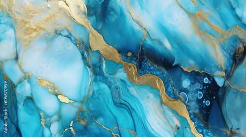 Liquid paint design. Colorful marble background with liquid abstract pattern. AI generative marble wall with golden paint wave splash on green turquoise