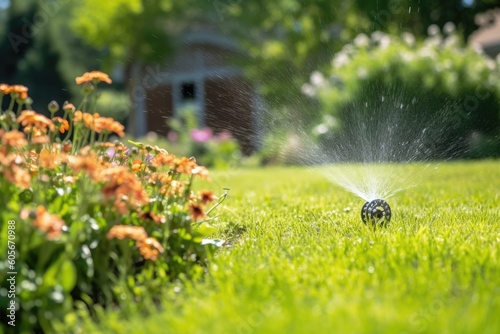 hose sprays water on the lawn with a bouquet of flowers in the background of garden. Generative AI