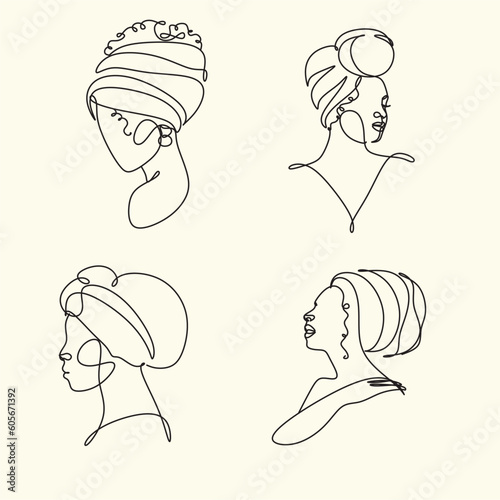 African woman face line drawing. Curly hair linear. Minimalistic abstract women portrait continuous line art for logo, prints, tattoos, posters, textiles, postcards. Vector illustration