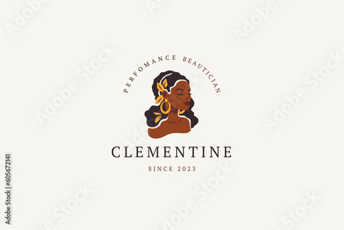 Ethnic African woman portrait fashion tribal accessory logo design template vector flat