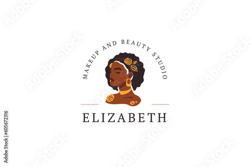 African tribal dark skin woman portrait boho logo design template vector flat illustration