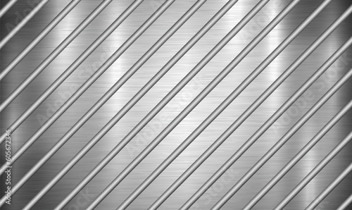 Shiny brushed metal plate background with stripes. Brushed steel plate. Polished silver metal plate with diagonal silver grey stripes. Hi-tech metallic technology, futuristic, sport background. Vector