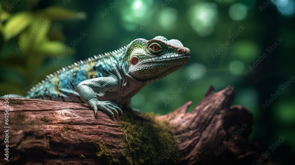 A lizard sits on a log in a forest. AI generative