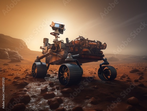 Rover on Mars surface. Exploration of red planet. Created with Generative AI technology.