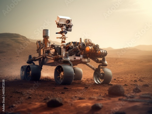 Rover on Mars surface. Exploration of red planet. Created with Generative AI technology. photo