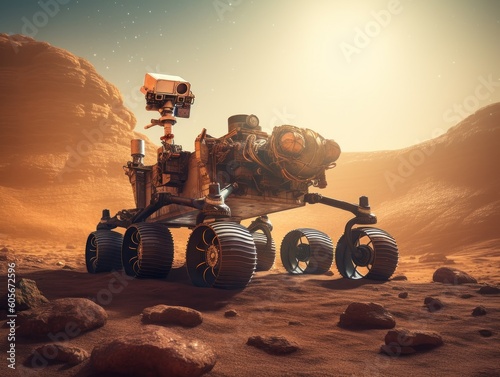 Rover on Mars surface. Exploration of red planet. Created with Generative AI technology.