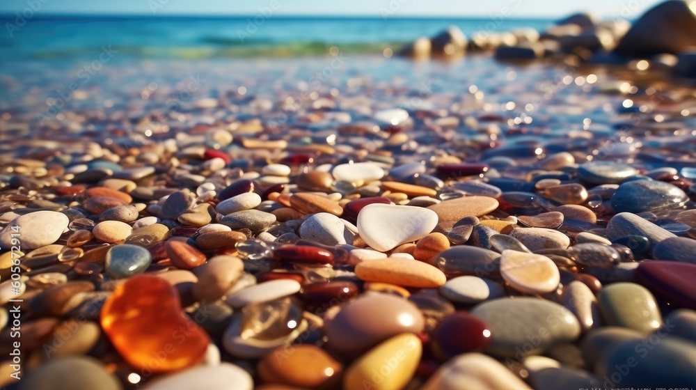 Obraz premium Summer beach, transparent and shining pebbles. Generative AI