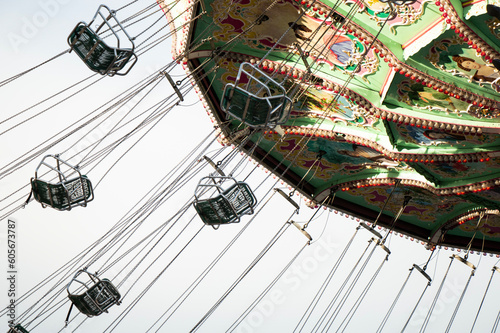 Close up of a spinning empty carousel in Prater, Vienna