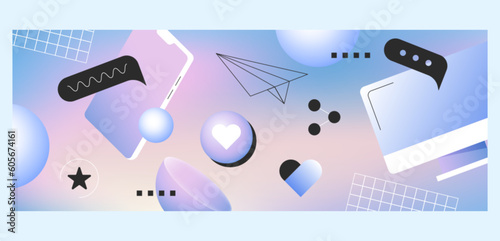 Social media cover design template for profile content. Icons of mobile phone, likes and network communication on gradient background. Vector concept of advertising and internet marketing.