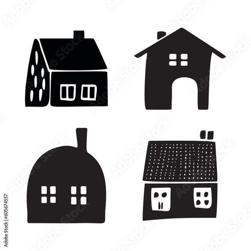 Set of rustic cottage motif in homestead vintage style. Vector illustration of whimsical rural country house. 