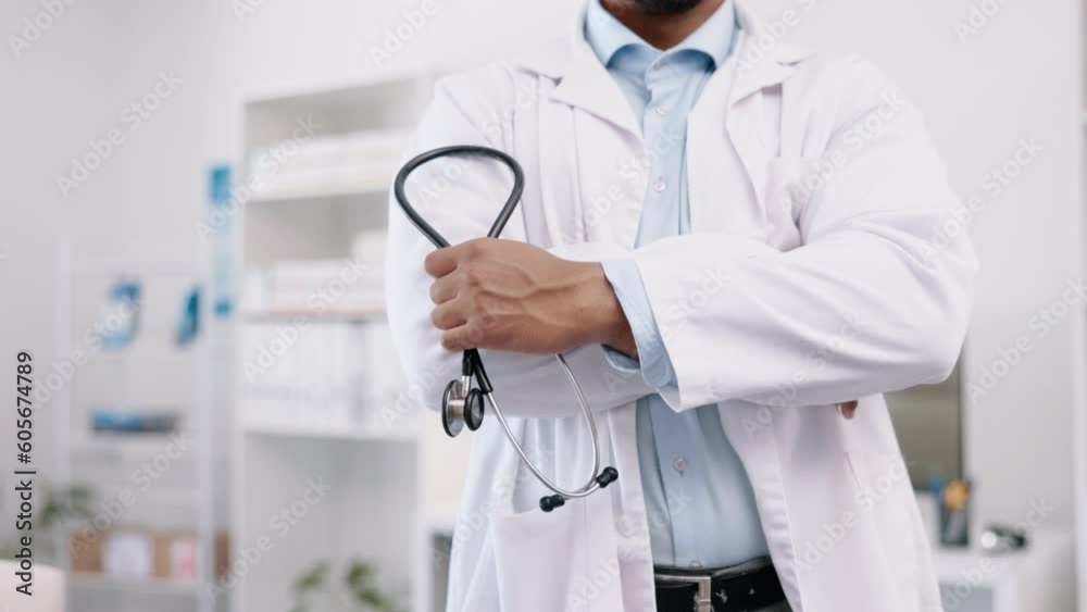 Healthcare, arms crossed and hands of a doctor with a stethoscope for consulting and hospital care. Medical expert and male gp or surgeon ready to start professional career in medicine as consultant Healthcare, arms crossed and hands of a doctor with a stethoscope for consulting and hospital care. Medical expert and male gp or surgeon ready to start professional career in medicine as consultant