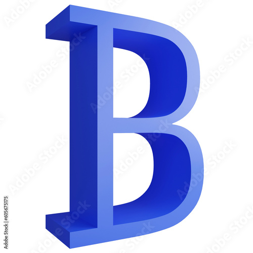 Alphabet_B_side view icon isolated on transparent background, 3D render blue big letters text element clipping path