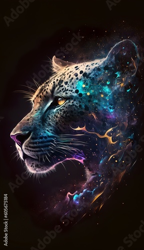 jaguar head depicted on a galaxy background