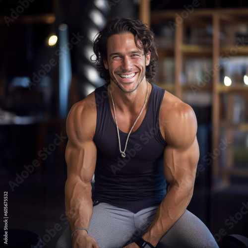 Handsome Man With Large Muscles Sitting On A Bench Smiling – Generative AI