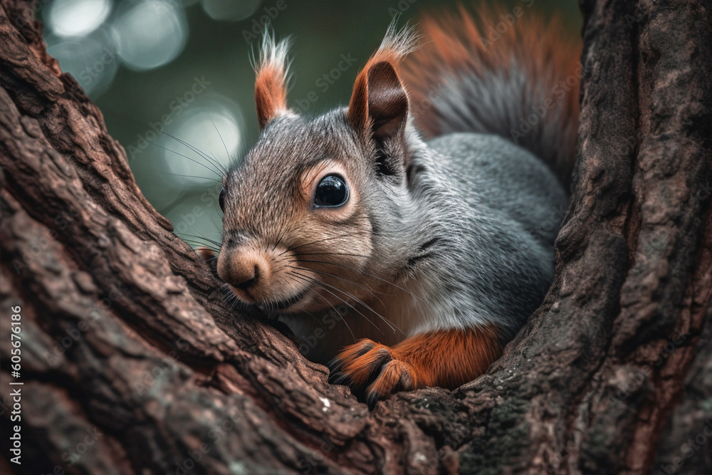 Fototapeta premium Douglas squirrel in tree. Generative AI illustration