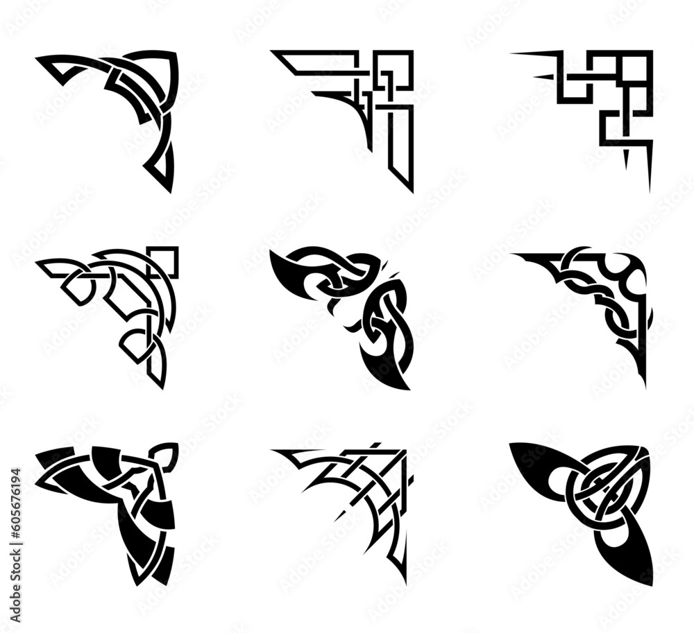 Corners and frames borders set in Art Deco, Art Nouveau and Celtic style pattern, vector