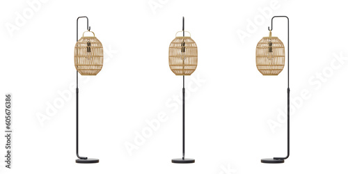 Isolated cutout 3d render of standing floor light with rattan material in lamp shade