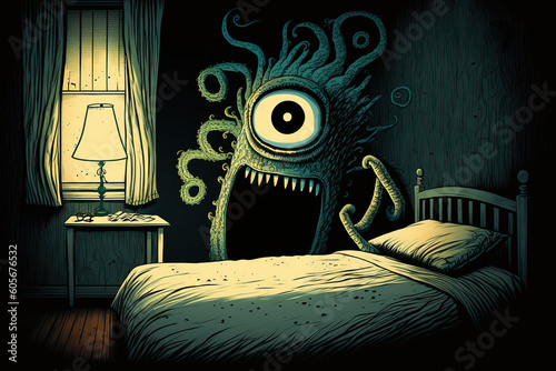 Monster Frightening Scary Child Hiding Under the Bed Creating Fear Nightmares Night Terror Dark Bedroom Spooky Awake Can't Sleep Help Illustration