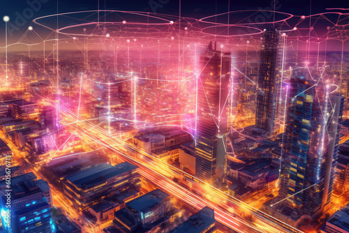 5G network wireless internet Wi-fi connection and internet of things with modern city skyline. Smart city and communication network concept. High speed, broadband telecommunication. Generative AI