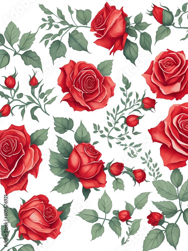 Watercolor red rose and leaves clipart on white background , Generative AI illustration 