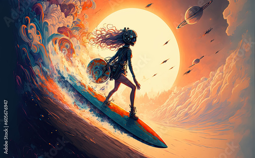 surfer girl on surfboard in cyberpunk suit is floating on waves in space. Dreams and fantasy. Generative AI illustration