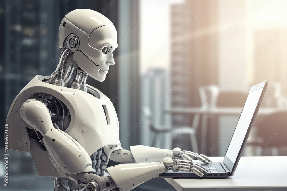 Humanoid robot works on laptop in modern office. Generative AI. Banner Humanoid robot works on laptop in modern office. Generative AI. Banner