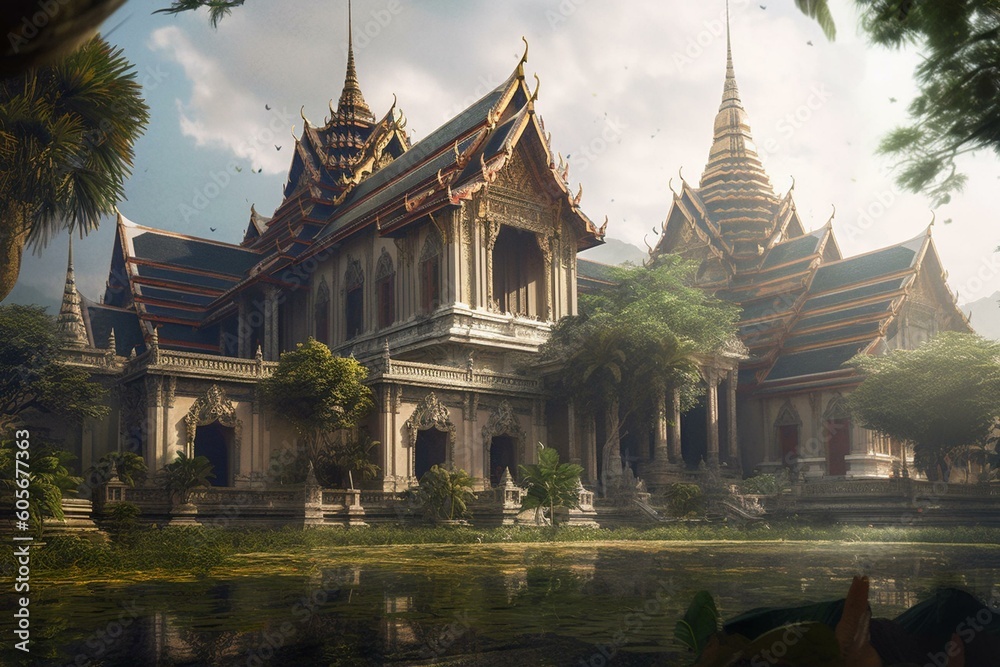 Illustrations of Bangkok's Grand Palace and Wat Phra Kaew in impressionist style. Generative AI