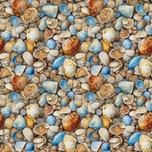 Seamless pattern: watercolor illustration of seashells and pebbles on the sand. generative ai
