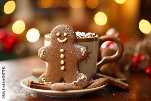 Smiling gingerbread man stands next to a mug of hot cocoa, bokeh in the background. AI generated