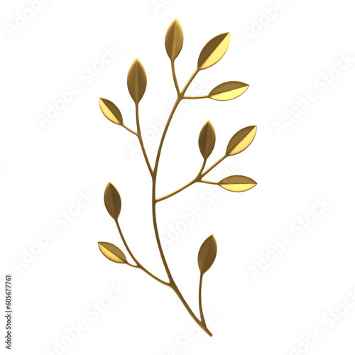 Plant tree branch wooden stem golden leaves metallic floristic composition design 3d icon vector