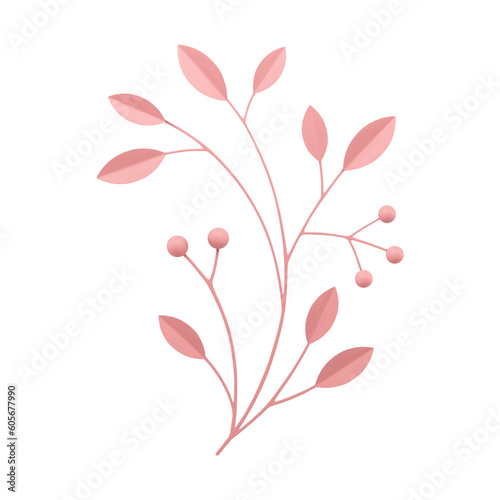 Tree branch wooden stem berries pink floristic composition decorative element 3d icon vector