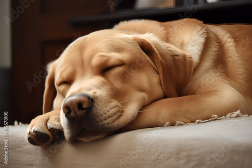 Cute dog sleeping on the bed, AI Generated