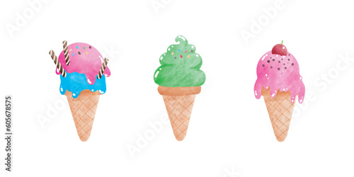 set of ice creams cone tasty watercolor style, Sweet summer delicacy sundaes ice-cream cones and popsicle icon isolated Vector illustration element on white background