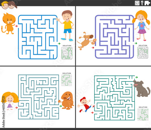 maze activity games set with cartoon children ant their pets