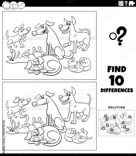 differences activity with cartoon dogs coloring page