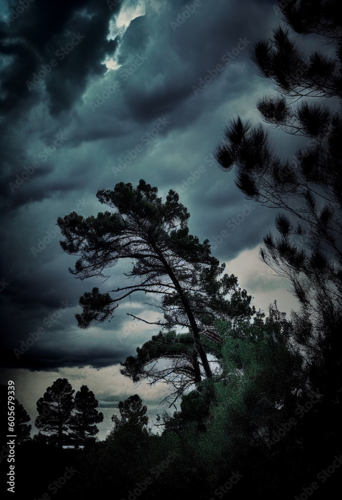 Fototapeta premium Stormy skies above the treetops. AI Generated