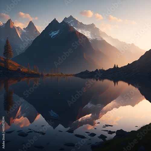 erene landscape with a majestic mountain range and a calm lake reflecting the sunset photo