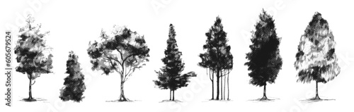Set of hand drawn halftone trees. Vector design elements.