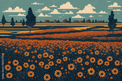 Field of daisies. Chamomile field vector illustration.